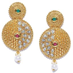 Crunchy Fashion Gold-Plated Textured Stone-Studded Circular Drop Earrings-image-7