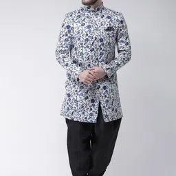 Hangup Men Navy Blue & White Printed Sherwani Set-57