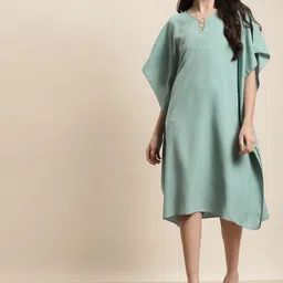 Qurvii Sea Green Crepe Kaftan Dress With Gold Metal Rings-53