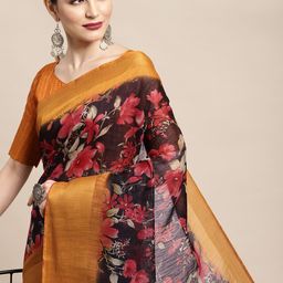 KALINI Black & Pink Floral Printed Banarasi Saree-image-33