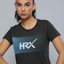 HRX by Hrithik Roshan Women Charcoal & Blue Brand Logo Printed T-shirt-image-34