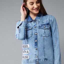 DOLCE CRUDO Women Blue Printed Denim Jacket-image-84