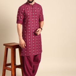 Anouk Men Red & White Printed Roll-Up Sleeves Kurta with Salwar-picture-19