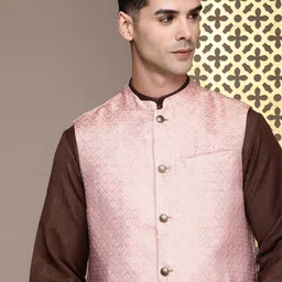 House Of Pataudi Woven Design Mandarin Collar Rozana Nehru Jacket-33