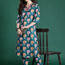 Indo Era Floral Printed Pleated Pure Cotton Kurta with Trousers-57