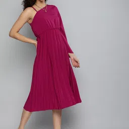 Kvsfab Magenta Solid Accordion Pleats One Shoulder Crepe A-Line Dress-13