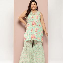 Sztori Plus Size Floral Printed Gotta Patti Pure Cotton Kurta with Sharara-picture-13