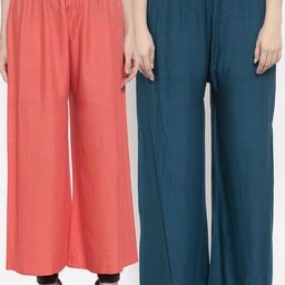 TAG 7 Women Set Of 2 Navy Blue & Peach-Coloured Solid Wide Leg Palazzos-17