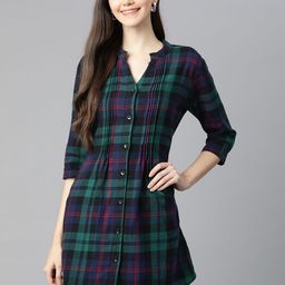 One Femme Green & Navy Blue Mandarin Collar Checked Tunic-picture-21