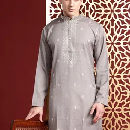 MANQ Men Ethnic Motifs Embroidered Sequinned Pure Cotton Kurta with Churidar-picture-10
