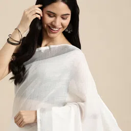 SANGAM PRINTS Off White Solid Linen Blend Saree-image-35