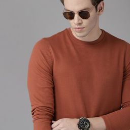 Roadster Men Rust Orange Checked Waffle Weave T-shirt-image-8
