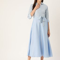 Deewa Shirt Collar Floral Printed Fit & Flare Belted Maxi Dress-picture-47