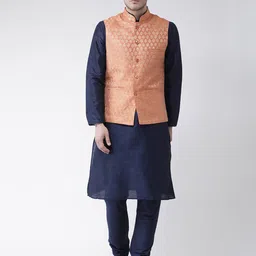 DEYANN Men Navy Blue & Peach-Coloured Solid Kurta with Pyjamas & Nehru Jacket-5