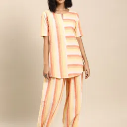 anayna Women Striped Regular Pure Cotton Kurta with Harem Pants-picture-38