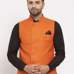 KLOTTHE Men Orange Solid Woven Nehru Jacket-46