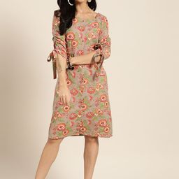 Sangria Beige & Orange Floral Print Pure Cotton A-Line Dress-picture-18