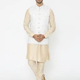 Manyavar Men Cream-Coloured & Brown Printed Nehru Jacket-5