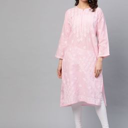 ADA Women Pink & White Chikankari Embroidered Pure Cotton Straight Sustainable Kurta-image-65