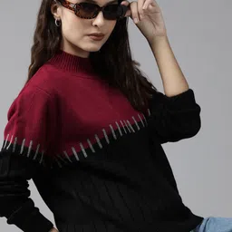 Roadster Women Red & Black Colourblocked Acrylic Pullover-36