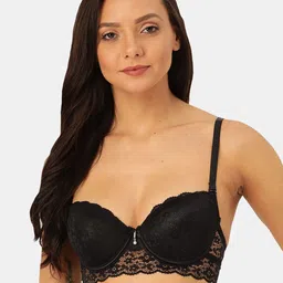 MAKCLAN Black Solid Lightly Padded Underwired Lace Plunge Bra-K27017BE-picture-6
