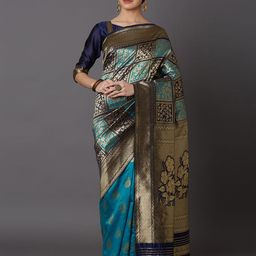 Mitera Teal Blue Silk Blend Woven Design Kanjeevaram Saree-image-7