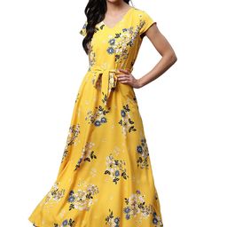 DressBerry Yellow Floral Printed Belted Maxi Dress-image-87