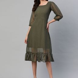 Aarika Women Olive Green Dobby Weave A-Line Midi Dress-image-92