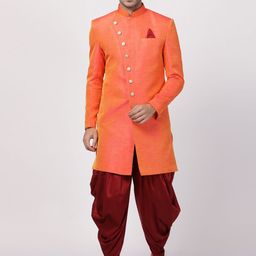 VASTRAMAY Men Orange & Maroon Solid Silk Sherwani With Dhoti Pant Set-55