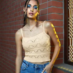 MANGO Women Cream-Coloured Self Design Top-picture-43