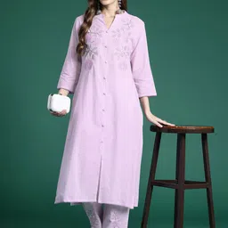 Indo Era Floral Embroidered Thread Work Pure Cotton Kurta with Trousers-picture-38
