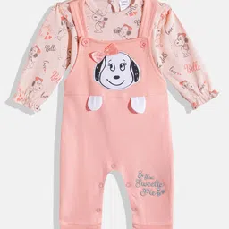 Moms Love Infants Girls Pure Cotton Applique Detail Dungaree With Printed T-Shirt-image-74