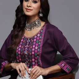 Indo Era Women Purple Ethnic Motifs Yoke Design Kurta-image-17