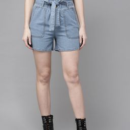 Roadster Women Blue Pure Cotton High-Rise Denim Shorts With Belt-image-37