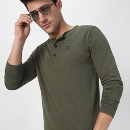 Urbano Fashion Men Olive Green Henley Neck T-shirt-image-52