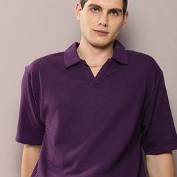 DILLINGER Men Waffle Structure Self Design Oversized Polo Collar T-shirt-image-61
