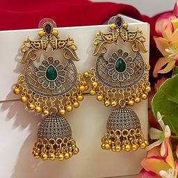 Zeviel Gold-Plated Artificial Stones Studded Dome Shaped Antique Jhumkas-45