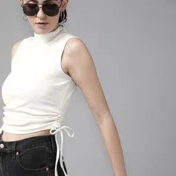 Roadster Women Off-White Ribbed Knitted Fitted Top-17