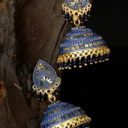 ANIKAS CREATION Gold Plated & Blue Enamelled Dome Shaped Jhumkas-picture-27