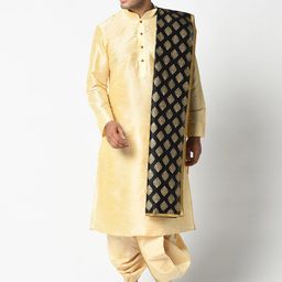 DEYANN Men Cream-Coloured & Black Solid Kurta with Dhoti Pants & Dupatta-4