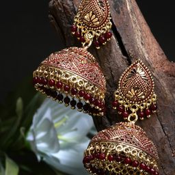 ANIKAS CREATION  Gold plated & Maroon Dome Shaped Enamelled Jhumkas-33