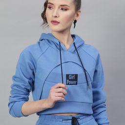 STREET 9 Women Blue Printed Hooded Crop Sweatshirt-image-73