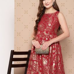 Sangria Floral Foil Printed Ethnic Midi Dress-image-1