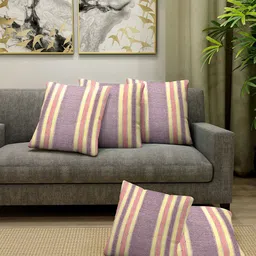 KLOTTHE Set of 5 Purple & Yellow Striped Square Cushion Covers-2