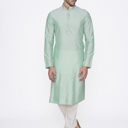 Manyavar Men Green & White Solid Kurta Set with Nehru Jacket-picture-16