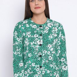 Oxolloxo Women Green & White Floral Print Tailored Jacket-21