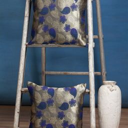 Alina decor Beige & Navy Blue Set of 2 Embroidered Square Cushion Covers-20