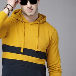 Roadster Men Mustard Yellow & Navy Blue Colourblocked Hooded Sweatshirt image 1