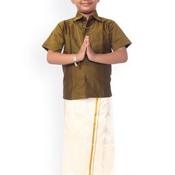 Thangamagan Boys Olive Green & Cream-Coloured Solid Shirt With Veshti-picture-27