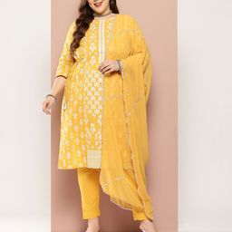 Sztori Plus-Size Gotta Patti Ethnic Motif Print Pure Cotton Kurta with Trousers &Dupatta-picture-17